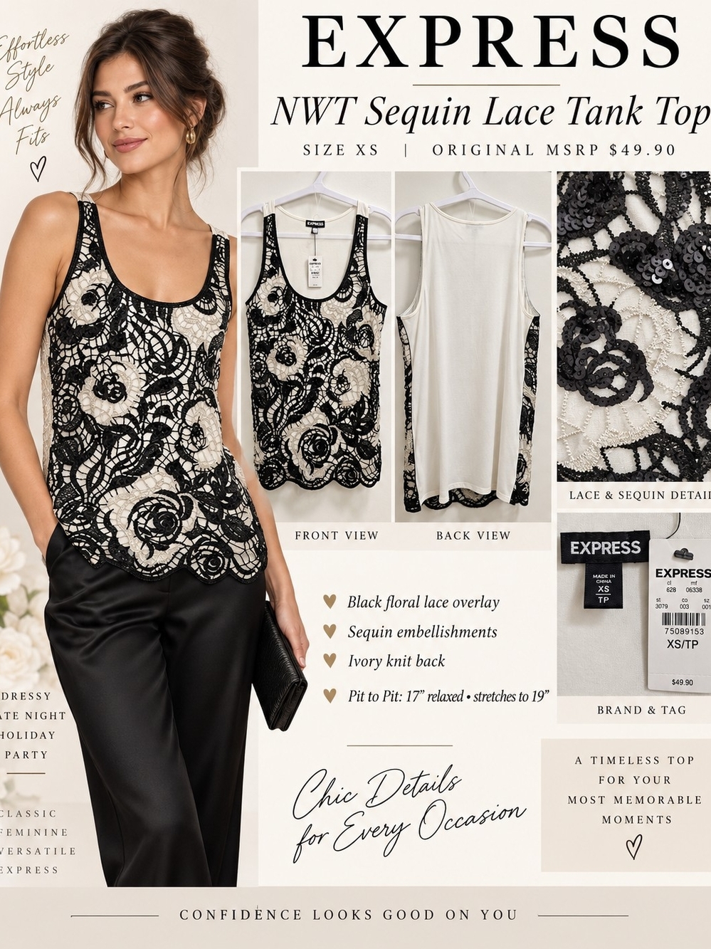 Express NWT Black Ivory Sequin Lace Tank Top XS MSRP $49.90